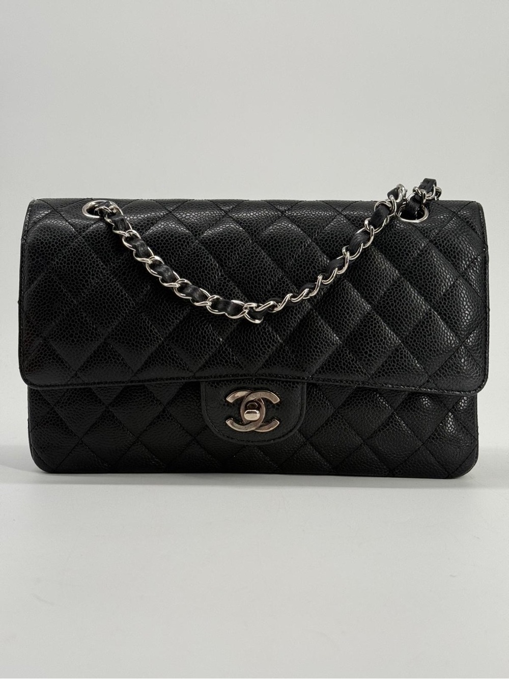 CHANEL Caviar Medium Double Flap Black Shoulder Bag